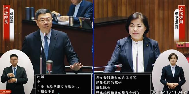 行政院長卓榮泰（左）14日率官員到立法院備詢，國民黨立委楊瓊瓔（右）質詢。（摘自國會頻道）
