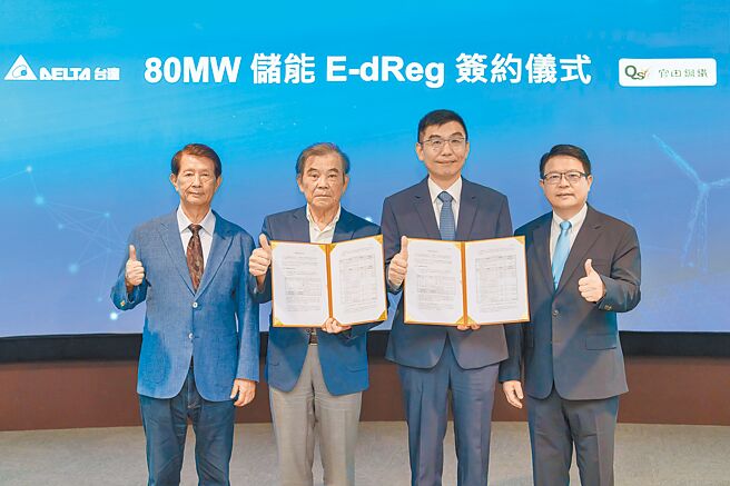 官田鋼鐵名譽董事長陳協同（左起）、官田鋼鐵董事長汪振澤、台達能源基礎設施暨工業解決方案事業群總經理李延庭及台達董事暨Delta Electronics Thailand執行長鄭安，於簽約儀式合影。圖／台達電提供