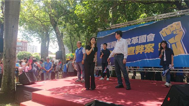 國民黨台北市立委徐巧芯15日在台南市龍山社區活動中心旁草地上台宣講，自稱是民進黨仇恨值最高的立委。（程炳璋攝）