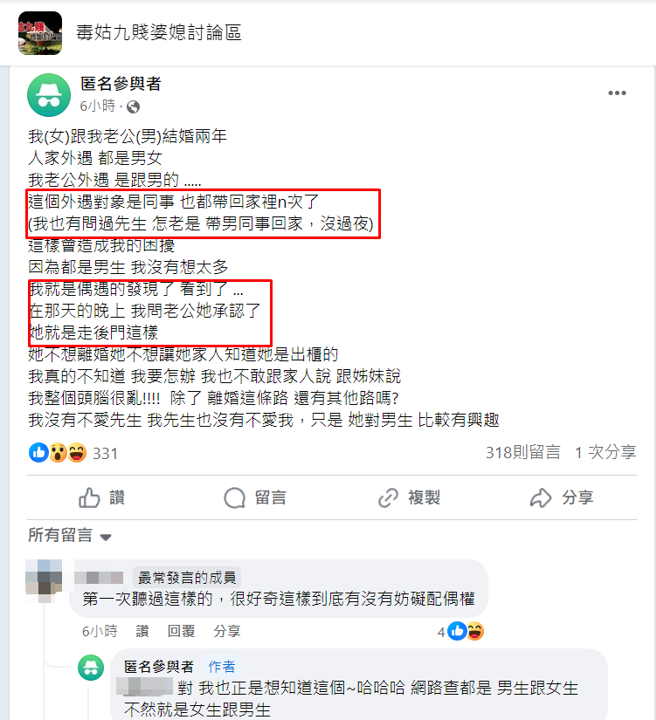 有人妻抱怨老公常帶同事回家，竟演變成「婚姻危機」，讓她相當無奈。（圖／翻攝自臉書毒姑九賤婆媳討論區）