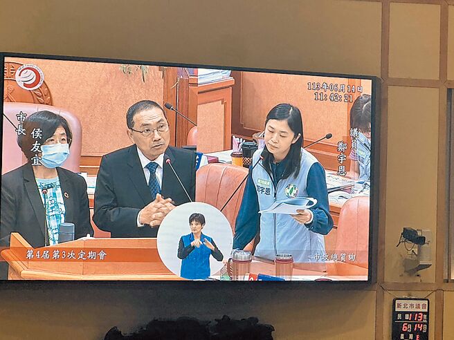 衛福部日前公告新增新北市淡海次級醫療區域，涵蓋範圍包含石門區、三芝區、淡水區、八里區，民進黨議員鄭宇恩（右）14日總質詢詢問新北市長侯友宜（中）未來當地的醫療規畫。左為新北市衛生局長陳潤秋。（柯毓庭攝）