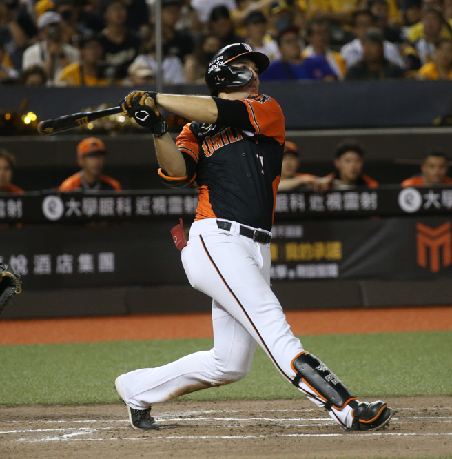 統一獅林安可敲出本季第12轟。（陳君瑋攝）