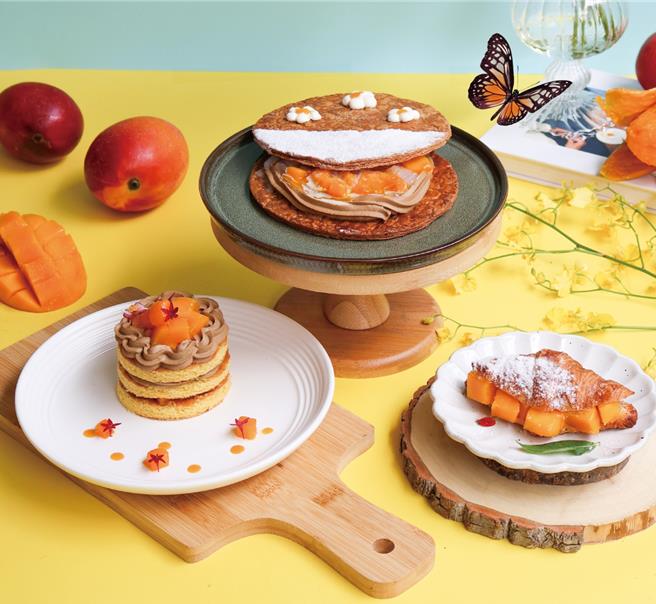 勺日咖啡廳即日起推「盛夏豐芒季」，3款精緻甜點包含「香榭芒果茶蘊千層」290元。（勺日咖啡廳提供／朱世凱台北傳真）