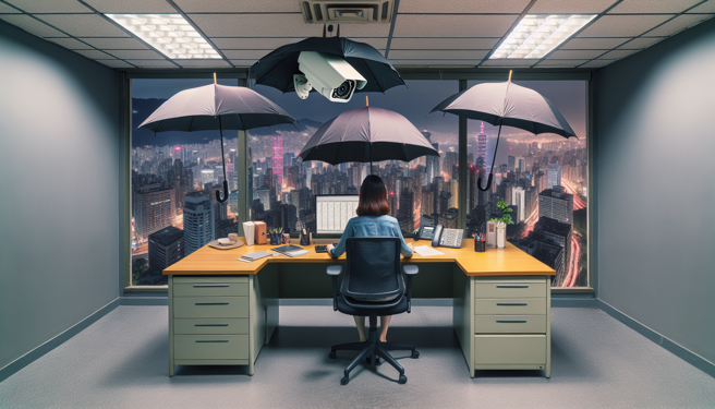 一名OL不满座位上方被装设高清监视器，担心没有个人隐私，所以上班都撑伞阻挡，最后被公司开除。（示意图、与本案无关／AI生成）