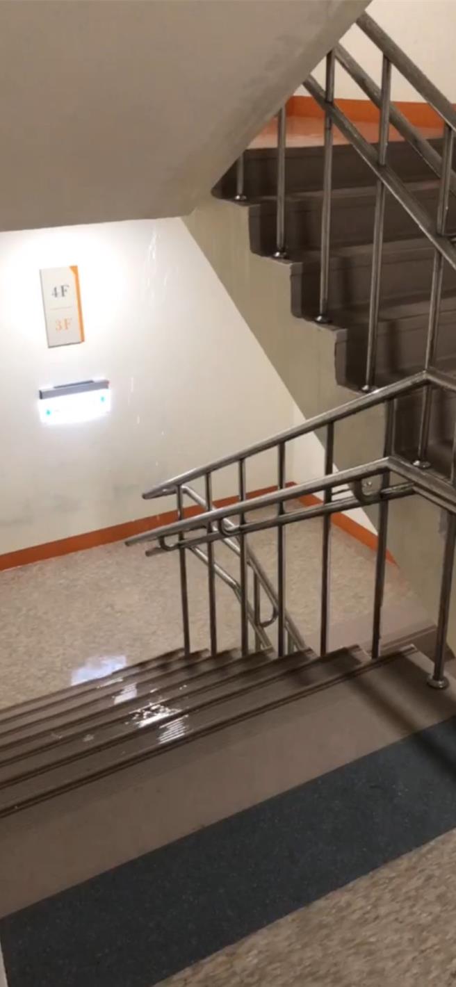台北市17日大雨，興岩社福綜合大樓建物內竟出現淹水災情，不但樓梯間下小雨導致地面積水，連電梯門也出現滲水。（台北市議員顏若芳提供／劉彥宜台北傳真）