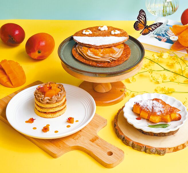 勺日咖啡廳即起推「盛夏豐芒季」，3款甜點包含「香榭芒果茶蘊千層」290元。（勺日咖啡廳提供）