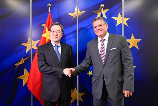 中共中央政治局常委、国务院副总理丁薛祥在比利时布鲁塞尔会见欧盟委员会执行副主席塞夫乔维奇，共同举行第五次中欧环境与气候高层对话。(新华社/申宏摄)