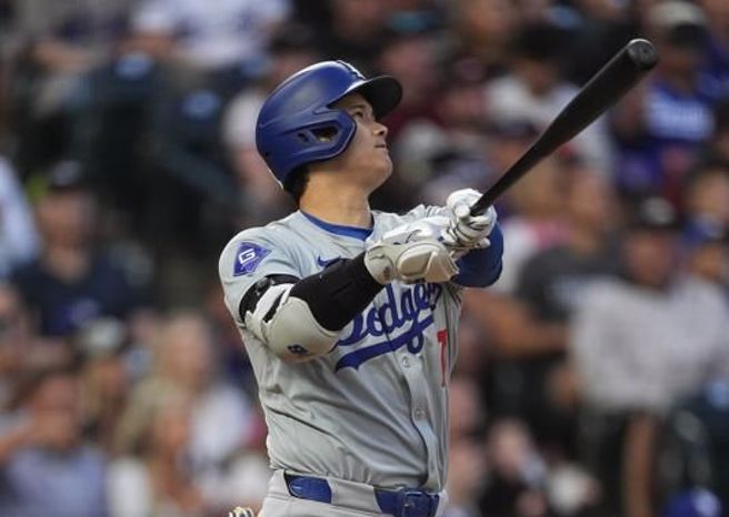道奇大谷翔平击出全垒打。（美联社）