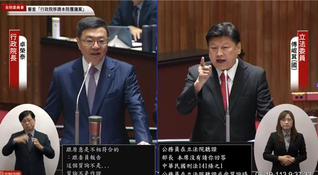 国民党团总召傅昆萁（右）与行政院长卓荣泰（左）起激烈口角。（国会频道）