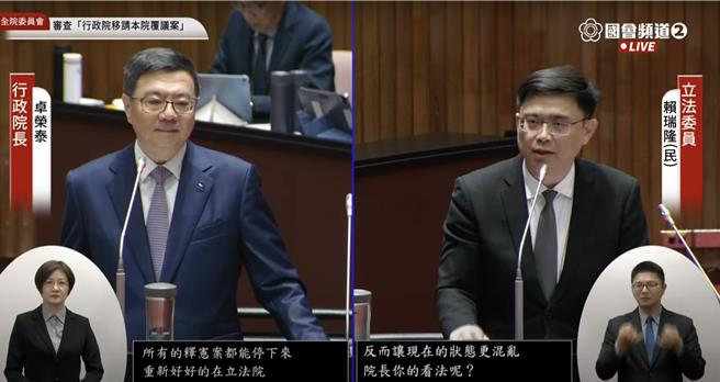 對於民調指41％民眾支持立法院提出倒閣，綠委賴瑞隆於全院委員會指出，他不認為是不信任行政院長卓榮泰，而是不信任僵局有辦法解決、不信任亂象可解決。（翻攝自國會頻道）