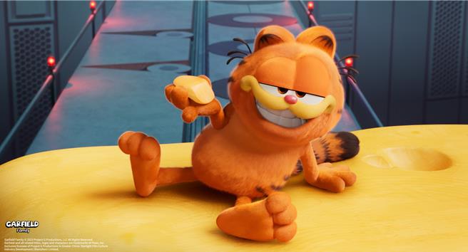 克里斯普瑞特揣摩加菲貓，整天只剩吃跟睡。（網銀國際影視提供）