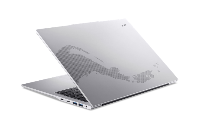 Acer Aspire Lite 16笔电上盖拥有银色金属点缀的海浪泼墨设计。（Acer提供／古明弘台北传真）