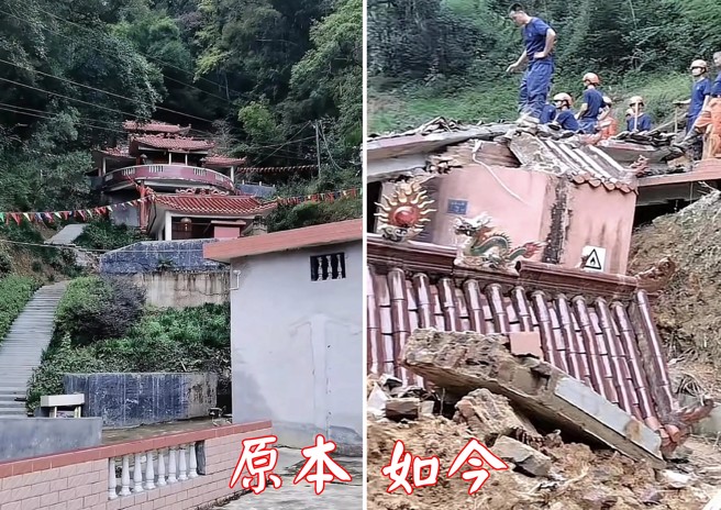 清源古寺原本样貌，倒塌后救援队在现场救援。（翻摄微博）