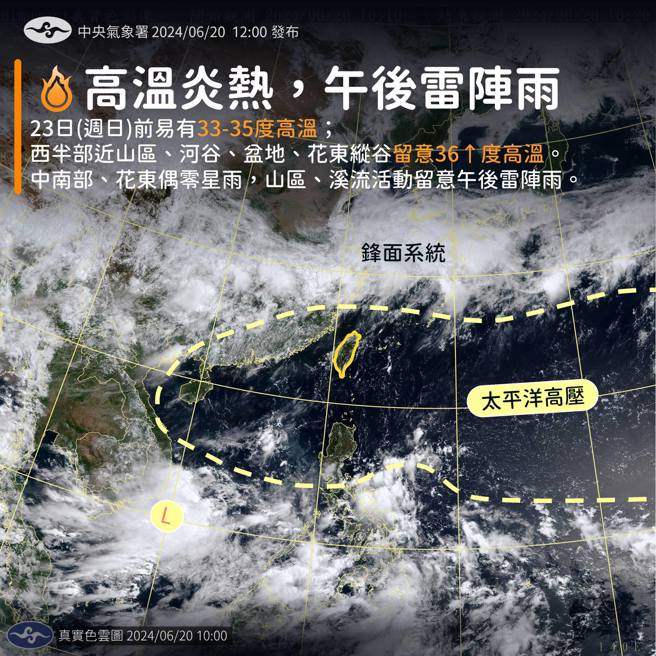 受太平洋高壓影響，至下周日（23日）前極端高溫範圍持續擴大，包括西半部近山區或河谷、花東縱谷都可能飆破36度。（圖／氣象署）