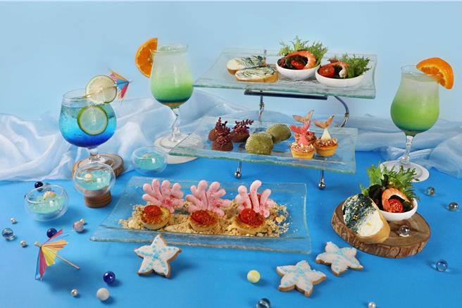 「仲夏人魚夢」專案提供「喜歡」西餐廳主廚特製美人魚主題雙人下午茶，餐點呼應海洋與美人魚主題，好看好拍。(大地酒店提供)