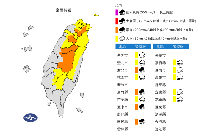 气象署发布豪、大雨特报。（图／翻摄自气象署）