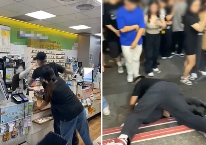 男子试图挥拳要打柜台的女店员，被友人劝阻出门时却意外仆街。（翻摄爆料公社）