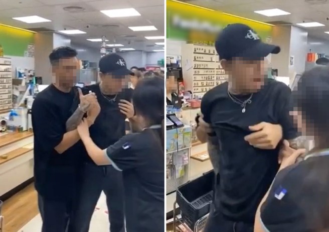 男子不断对另外一名女店员咆哮，友人在后方劝阻道歉。（翻摄爆料公社）