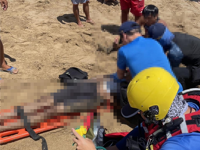 溺者虽无生命徵象，救护人员仍不断急救，并送医抢救。（屏东县消防局提供／罗琦文屏东报导）