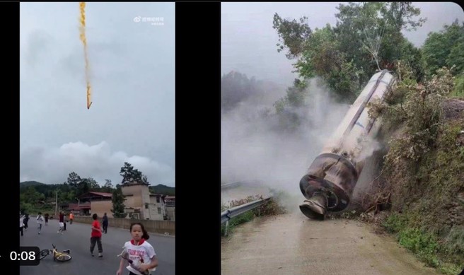 長征2丙火箭冒著黃煙墜落在山區村莊附近，居民四散奔逃。(圖/X)