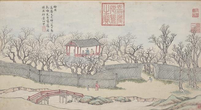 〈适适圃图〉册是画家黄炳中在万历33年，西元1605年描绘明代宰相申时行退休修建的居所「适适圃」，并搭配作者诗作，全册十开一次完整呈现。（故宫南院提供／吕妍庭嘉义传真）