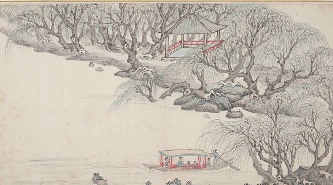 〈适适圃图〉册是画家黄炳中在万历33年，西元1605年描绘明代宰相申时行退休修建的居所「适适圃」，并搭配作者诗作，全册十开一次完整呈现。（故宫南院提供／吕妍庭嘉义传真）