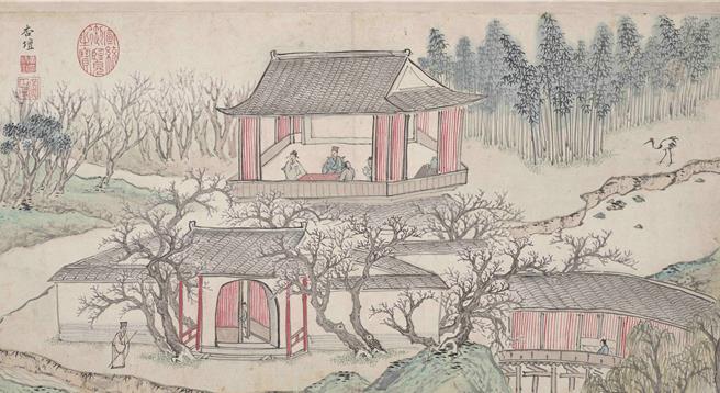 〈适适圃图〉册是画家黄炳中在万历33年，西元1605年描绘明代宰相申时行退休修建的居所「适适圃」，并搭配作者诗作，全册十开一次完整呈现。（故宫南院提供／吕妍庭嘉义传真）