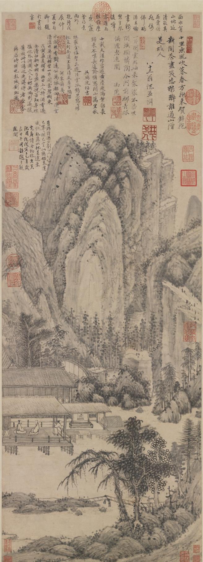 「翰墨空间─故宫书画赏析」本檔展期至9月17日止，展出3件明代作品中，〈清白轩图〉是清白轩主人刘珏夏日与友朋欢聚的记事。（故宫南院提供／吕妍庭嘉义传真）