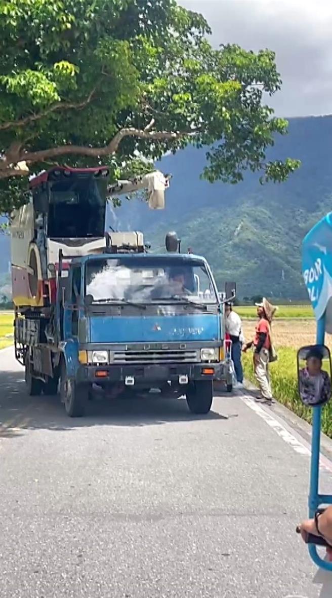 游客惊见搭载收割机的农用车，为闪避路旁随意停放的电动脚踏车，车顶掠过金城武树，险些造成折枝。（民眾提供／萧嘉蕙台东传真）