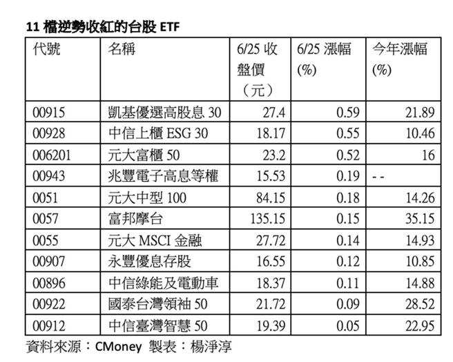 11檔逆勢收紅的台股ETF。資料來源：CMoney 製表：楊淨淳