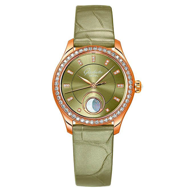 格拉蘇蒂原創Serenade Luna小夜曲月相女表，紅金鑲鑽款，73萬4000元。（Glashutte Original提供）