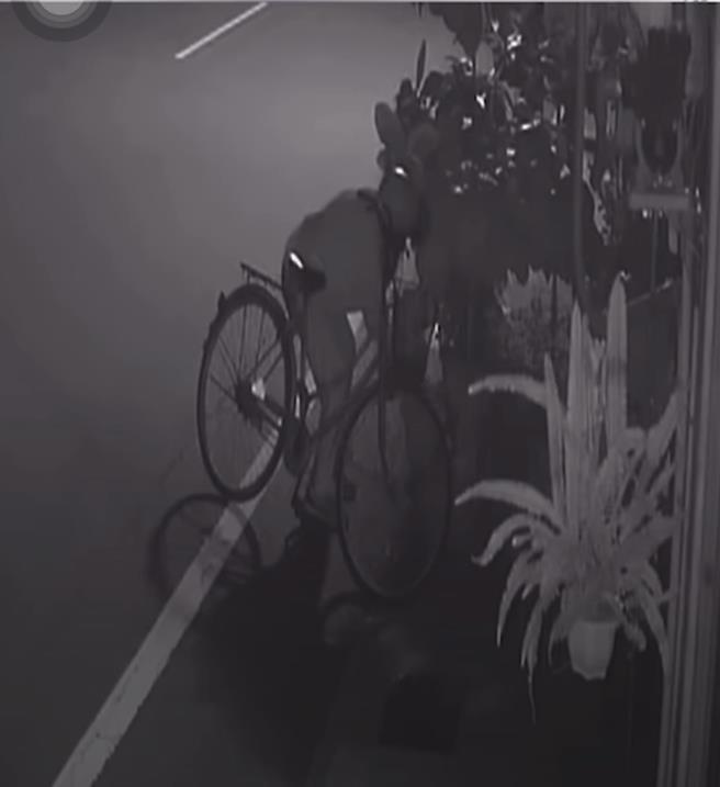 偷花妇人弯腰偷剪花。（民眾提供／宝智华台南传真）
