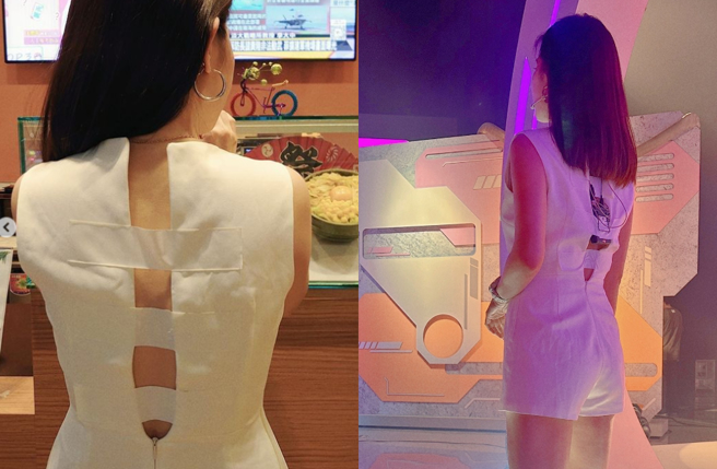 谢忻巧手用大力胶黏贴洋装背面。（图／IG@xiexin1127、Threads@xiexin1127）