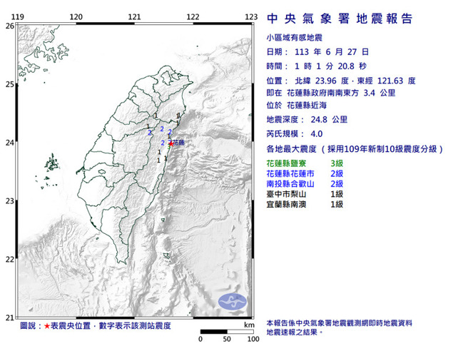花莲县近海01:01发生规模4.0地震，最大震度3级。（撷取自中央气象署网站）