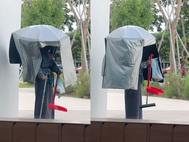 高雄內惟藝術中心的工作人員頭上戴著傘掃地。（翻攝自Threads）