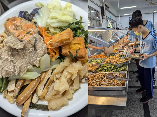 选择1主菜，20样副菜随便吃到饱，这样一大盘只需65元（左）；麻豆区黎明高中27日启用学生餐厅，供应自助餐，主菜4选1，20道副菜任意吃到饱。（校方提供／宝智华台南传真）