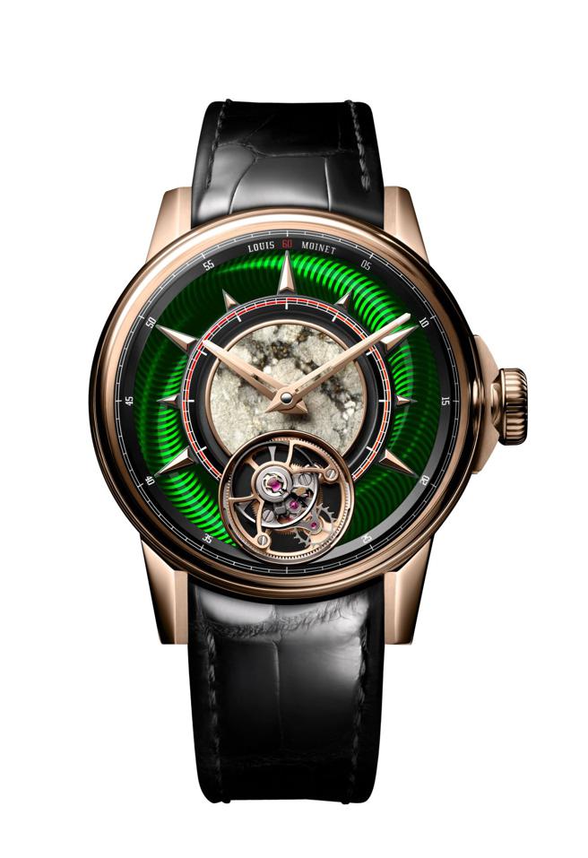 Louis Moinet的JULES VERNE《TO THE MOON》陀飞轮腕表，表盘採用月球的陨石碎片，442万7000元。（SHH提供）