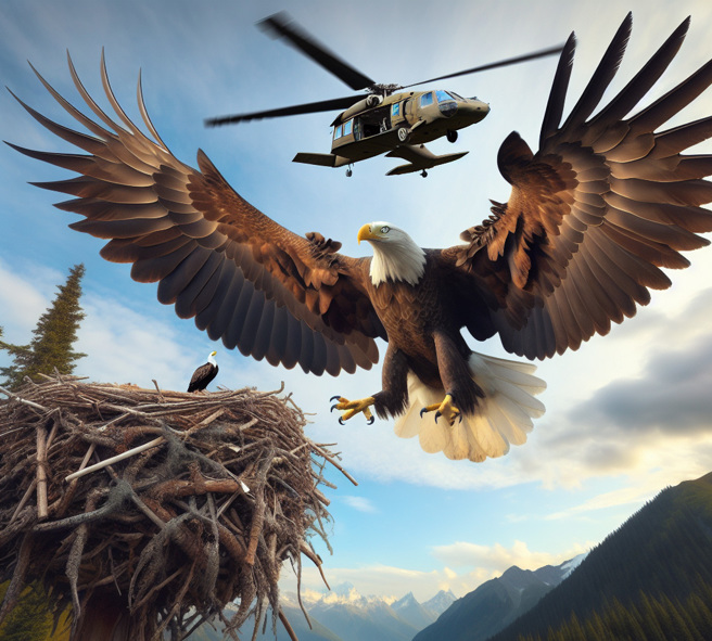 魚鷹為了保護巢穴，才會數度逼近直升機驅趕，沒想到反遭螺旋槳爆擊喪命。（示意圖／AI生成圖）