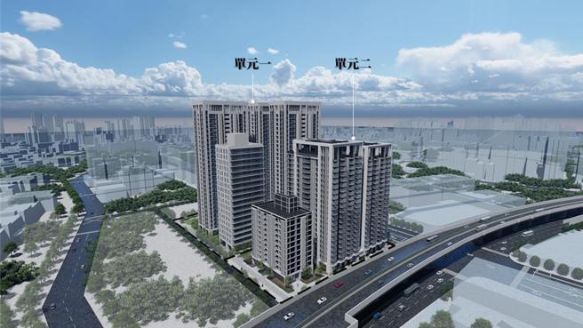 左營大中民族｢20號機關用地｣公辦都更案，2個單元整合開發的模擬圖。圖／高雄都發局提供