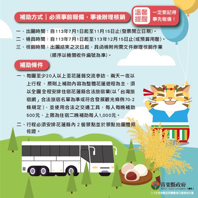 2024奖励苗栗团体游花莲补助计画出炉，最高补助每人1千元。（苗栗县政府提供／谢明俊苗栗传真）