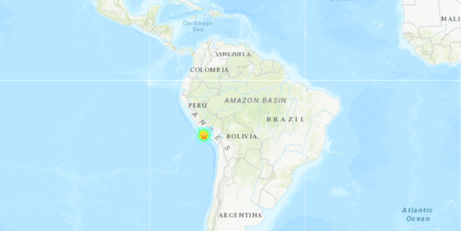 根據美國地質調查所（USGS），秘魯沿岸27日凌晨發生規模7.2強震，震源深度僅28公里。（圖／擷取自USGS）