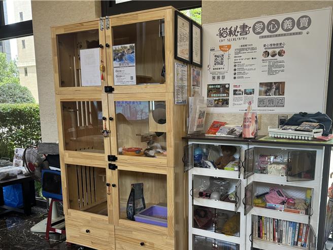 台中市乌日区「樱花一绽」社区与中市动保处、动督盟合作推动动物友善计画，并在大厅设置认养小栈，安置幼猫进行送养，每天会看猫咪心情让其担任「猫秘书」，住户与牠互动间进一步落实生命教育。（潘虹恩摄）