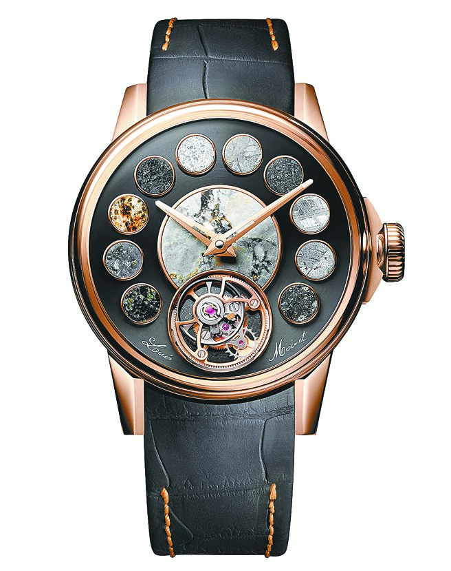 SHH台北101概念店引進Louis Moinet的COSMOPOLIS隕石表，鑲嵌12顆來自不同星球的隕石，創下金氏紀錄，899萬8000元。（SHH提供）