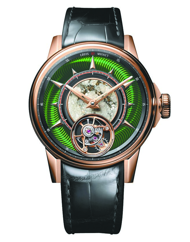 Louis Moinet的JULES VERNE《TO THE MOON》陀飛輪腕表，表盤採用月球的隕石碎片，442萬7000元。（SHH提供）