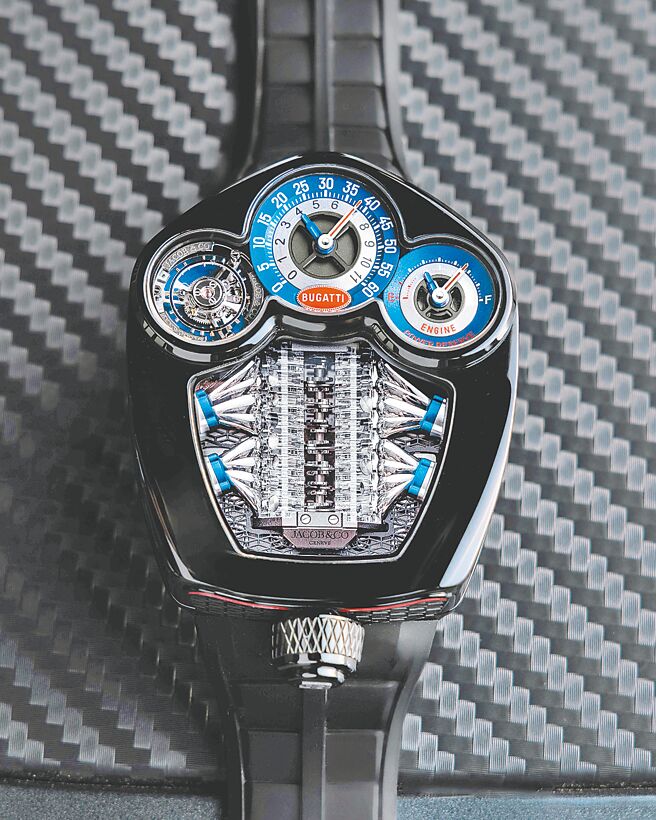 Jacob & Co.發表與Bugatti合作Bugatti Tourbillon陀飛輪腕表，向Bugatti跑車致敬。（高登鐘錶提供）