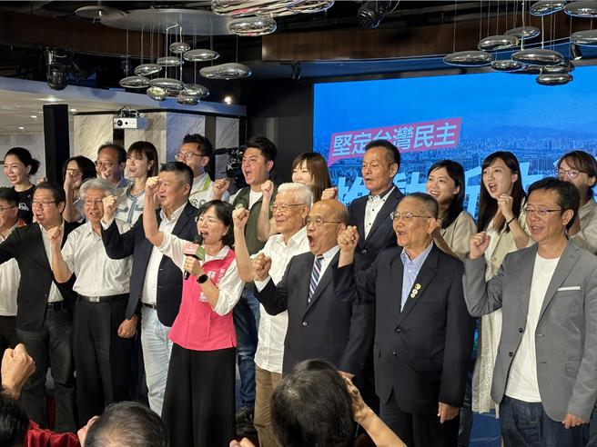 苏巧慧邀请2位老县长、新北市的立委及议员一同上台，高喊「新北队出发，台湾队加油」口号。（高钧麟摄）