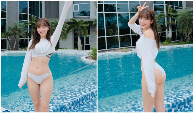 冼迪琦罕见晒出泳衣辣照，还对着镜头露出蜜桃翘臀。（图／冼迪琦 小迪 脸书）