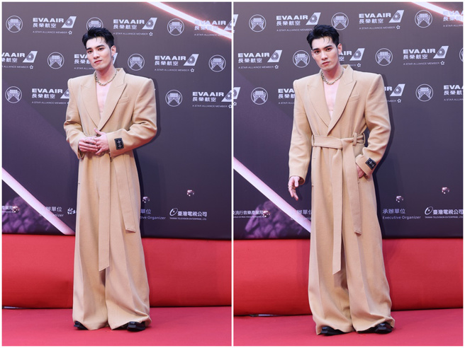 黄伟晋穿深V西装，露出结实的胸肌。（陈俊吉摄影）