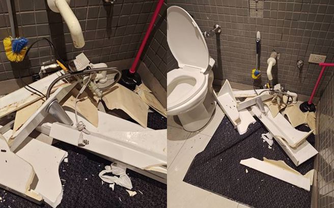 有網友在網上PO出3張照片，畫面中的洗手台碎滿地，讓他看傻眼表示「有堵到一男一女」。（圖／翻攝自爆料公社二社）