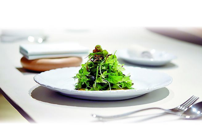 〈Li.nu〉推出的第一套套餐的前菜〈高雄．苗菜〉，是用了逾30種高雄在地蔬菜與苗菜共拌的沙拉。提味醬汁是用珍珠綠番茄、海藻鹽、洋蔥、橄欖油調製，並用法國長棍麵包粉增加稠度。圖／姚舜